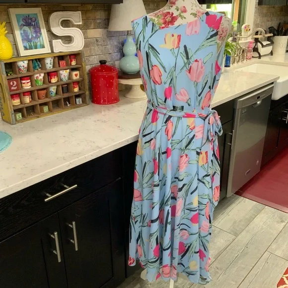 knee length dresses for ladies Blue Geometric Print Midi Dress
